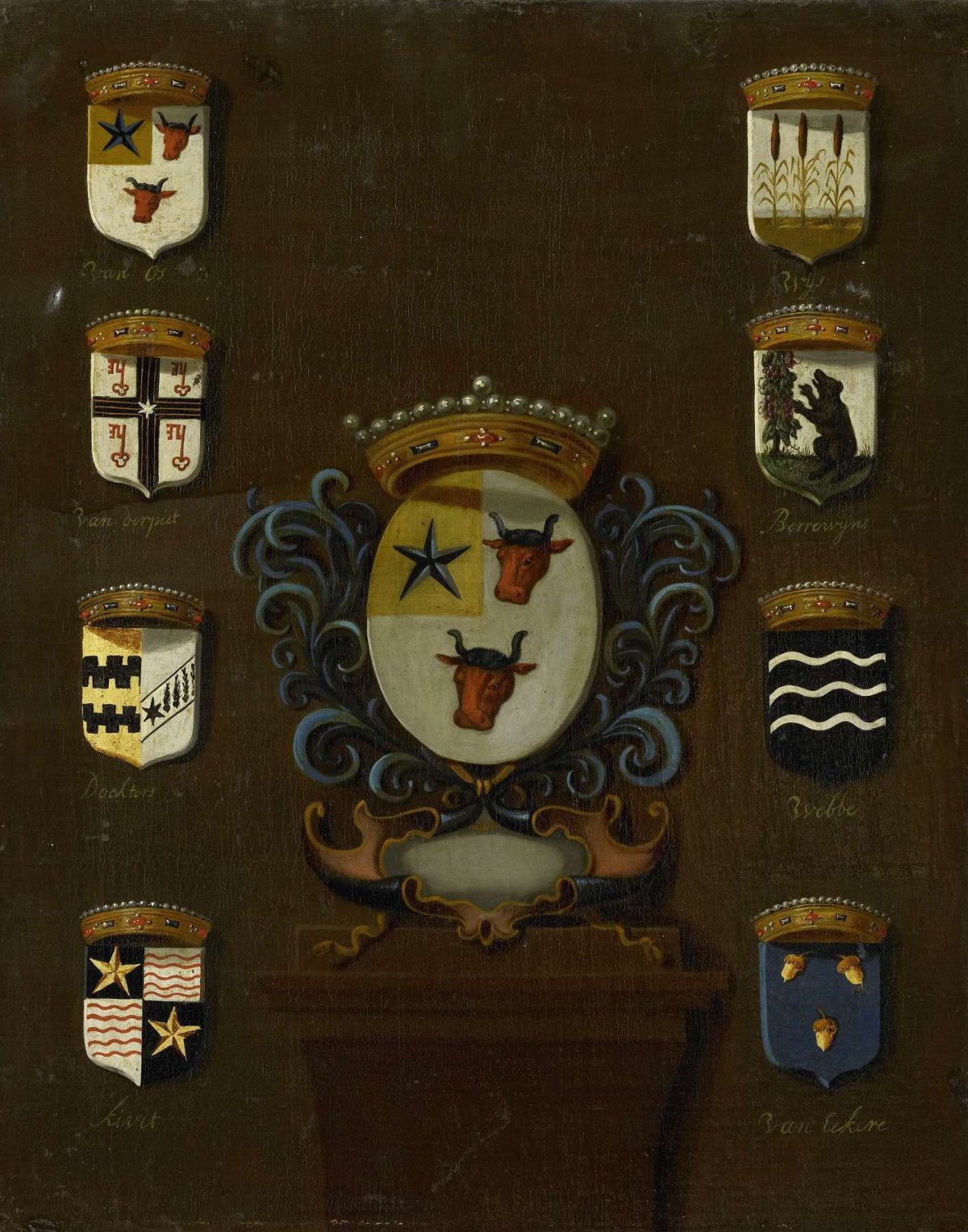 Coat of Arms of Sara van Os, Wife of Jan van Reyersbergh with its eight quarterings, anonymous, 1650 - 1699