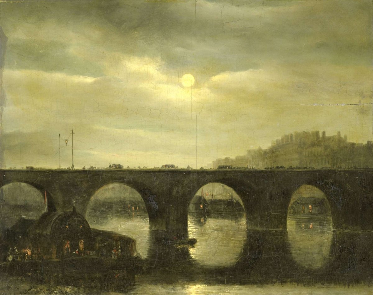 One of the Bridges over the Seine, Paris, in the Moonlight, Antonie Waldorp, 1835