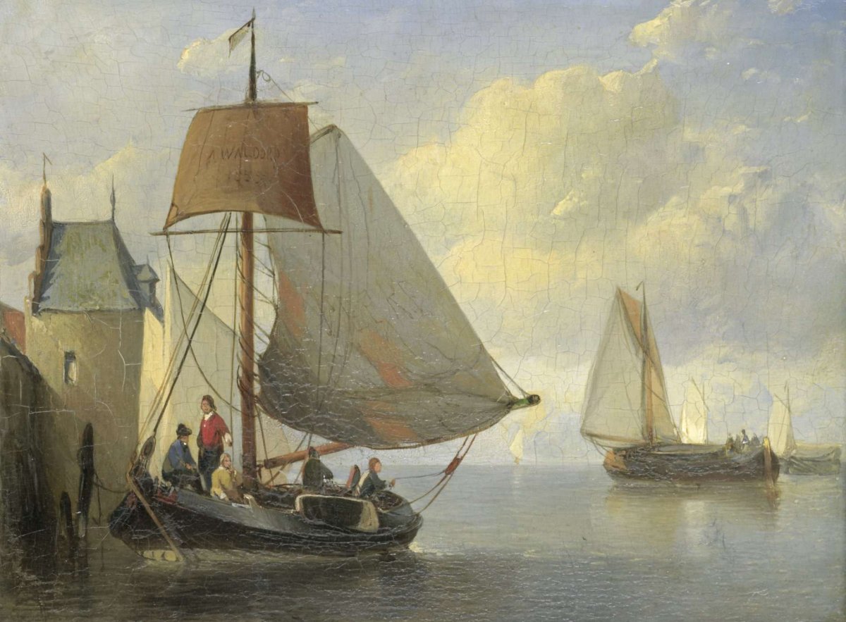 River view with a shore tower inspired by the Camperveerse tower at Veere, Antonie Waldorp, 1855