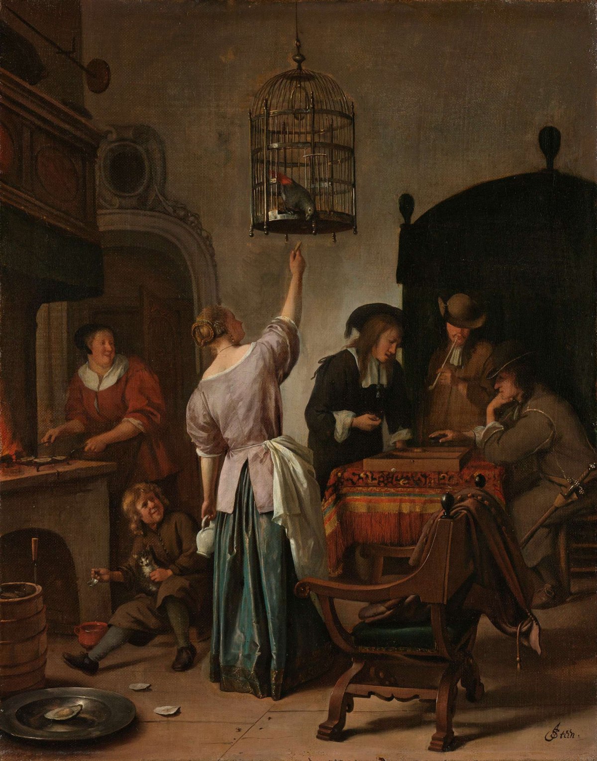 Interior with a Woman Feeding a Parrot, Known as ‘The Parrot Cage’, Jan Havicksz. Steen, c. 1660 - c. 1670