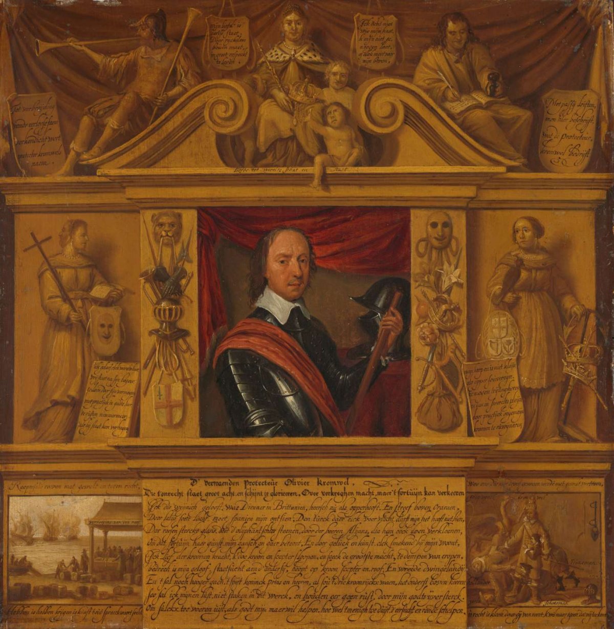 Portrait of Oliver Cromwell, in a Frame with Allegorical Figures and Historical Representations, anonymous, c. 1650