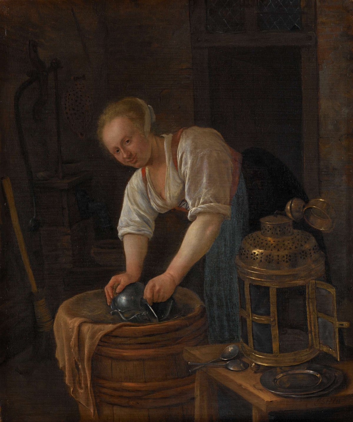 Woman scouring metalware, Jan Havicksz. Steen, 1650 - 1660