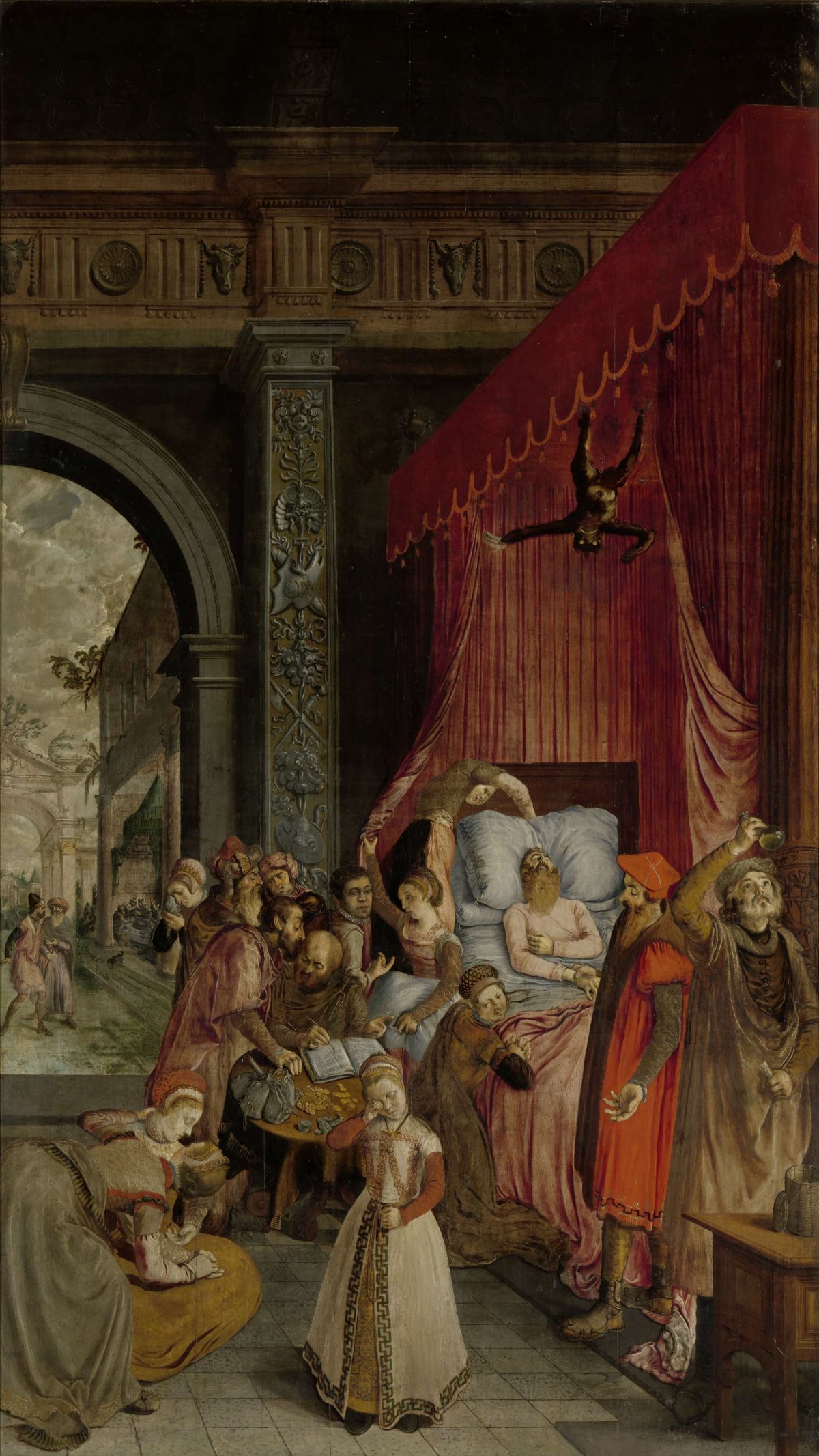 Deathbed of the Rich Man, with a Devil Descending to Retrieve the Deceased's Soul, anonymous, c. 1550 - c. 1574