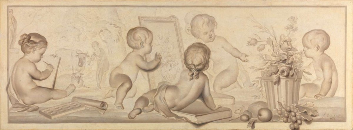 Six Putti with Flowers and Fruit and Attributes of the Art of Drawing, Jurriaan Andriessen, 1782