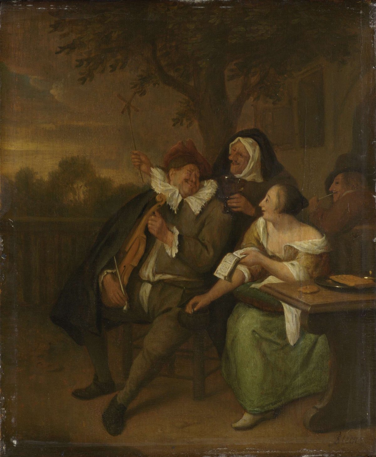 Man with a fiddle in bad company, Jan Havicksz. Steen, 1670 - 1700