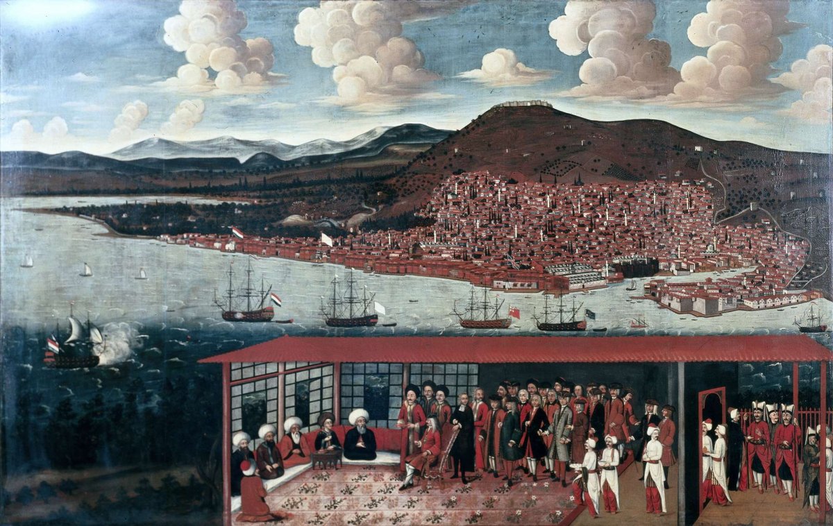 View of Smyrna (Izmir) and the Reception Given to Consul de Hochepied (1657-1723) in the Council Chamber, anonymous, c. 1709 - 1723