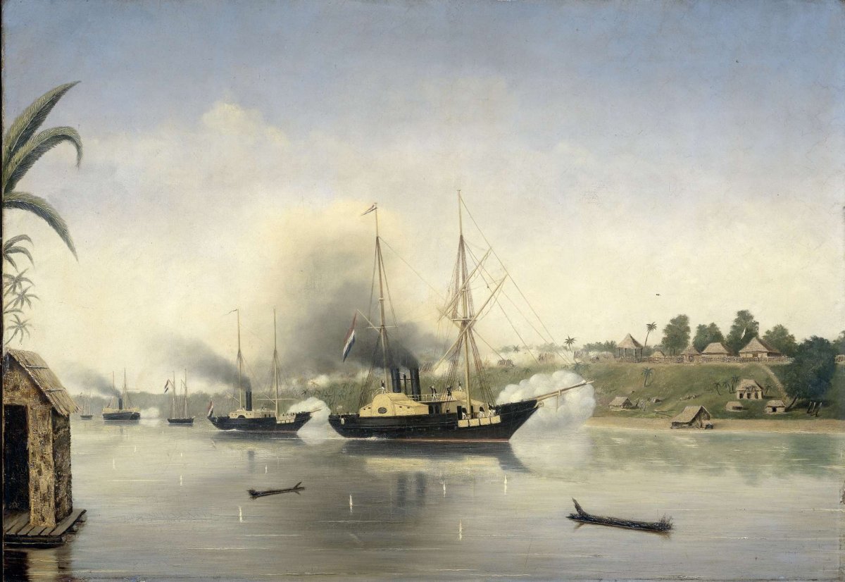 The shelling of the Kraton of the Sultan of Djambi by the government naval vessels 'Celebes', 'Admiral van Kinsbergen' and 'Onrust' on September 8, 1858, anonymous, 1858 - 1865
