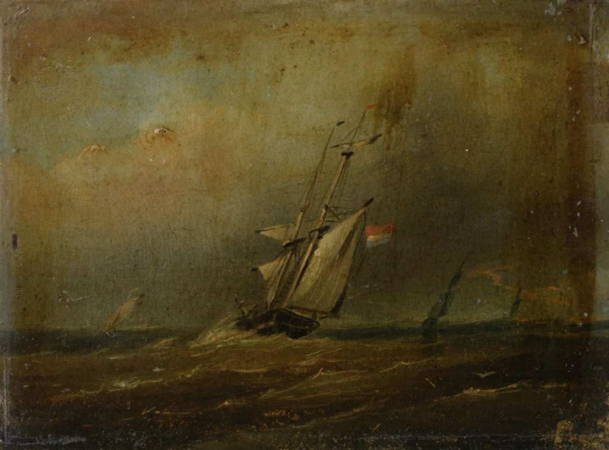 Choppy sea with sailing ships, anonymous, 1825 - 1874