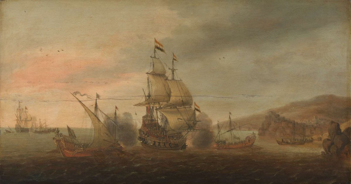 Naval Battle between Dutch Men-of-War and Spanish Galleys, Cornelis Bol, c. 1633 - c. 1650