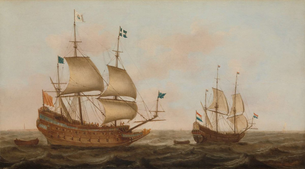 A Warship Built for France and a Dutch Yacht under Sail, Jacob Gerritz Loef, c. 1635