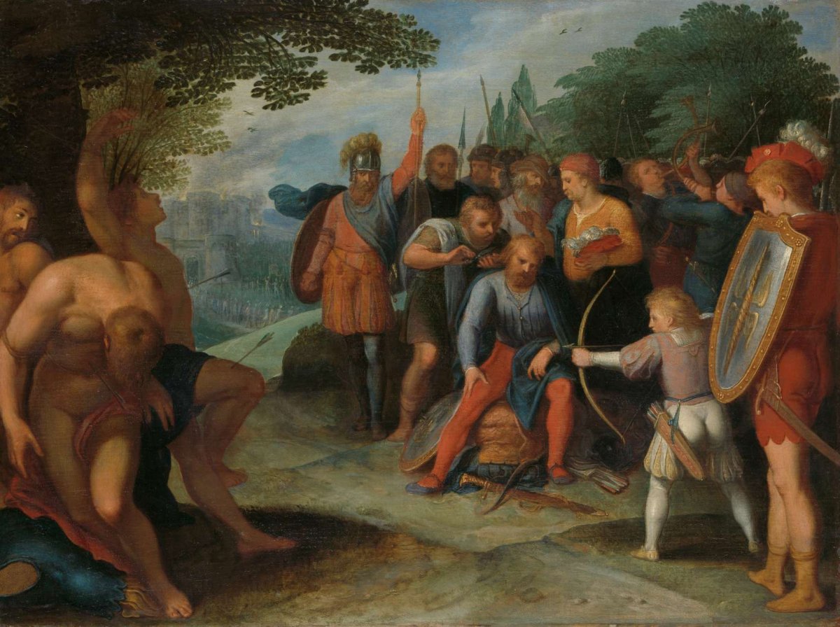 Julius Civilis Having his Hair Cut after the Fall of Vetera, while his Son Kills Some of the Captives, Otto van Veen, 1600 - 1613