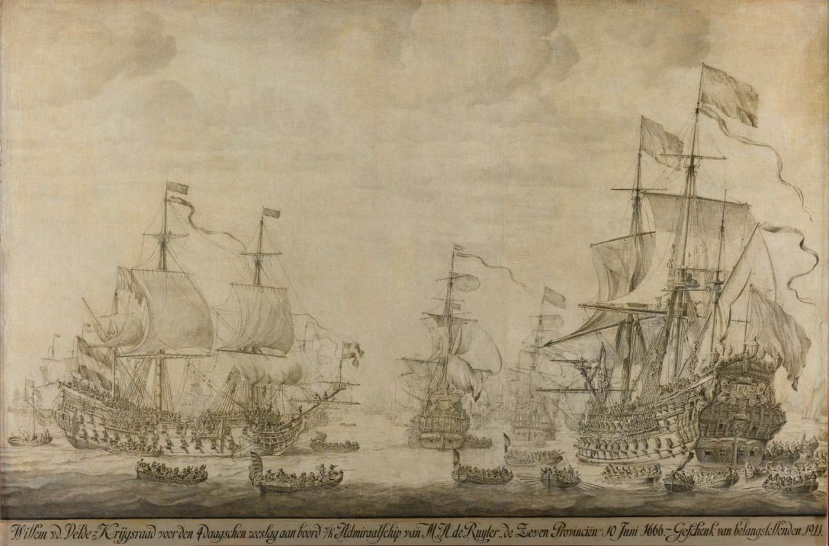 "Council of War aboard ""The Seven Provinces"", the Flagship of Michiel Adriaenszoon de Ruyter, 10 June 1666, preceding the Four Days' Battle: episode from the Second Anglo-Dutch War", Willem van de Velde (I), 1666 - 1693