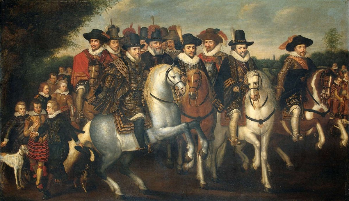 Prince Maurice Accompanied by his two Brothers, Frederick V, Elector Palatine, and Counts of Nassau on Horseback, Adriaen Pietersz van de Venne, c. 1625