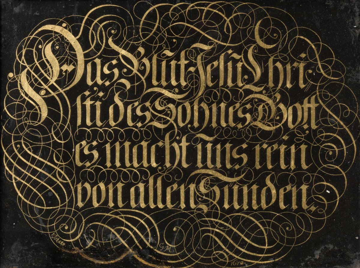 Behind-Glass Painting with Calligraphed Saying: The Blood of Jesus Christ the Son of God Purifies us from all Sin, Johann G. M, 1678