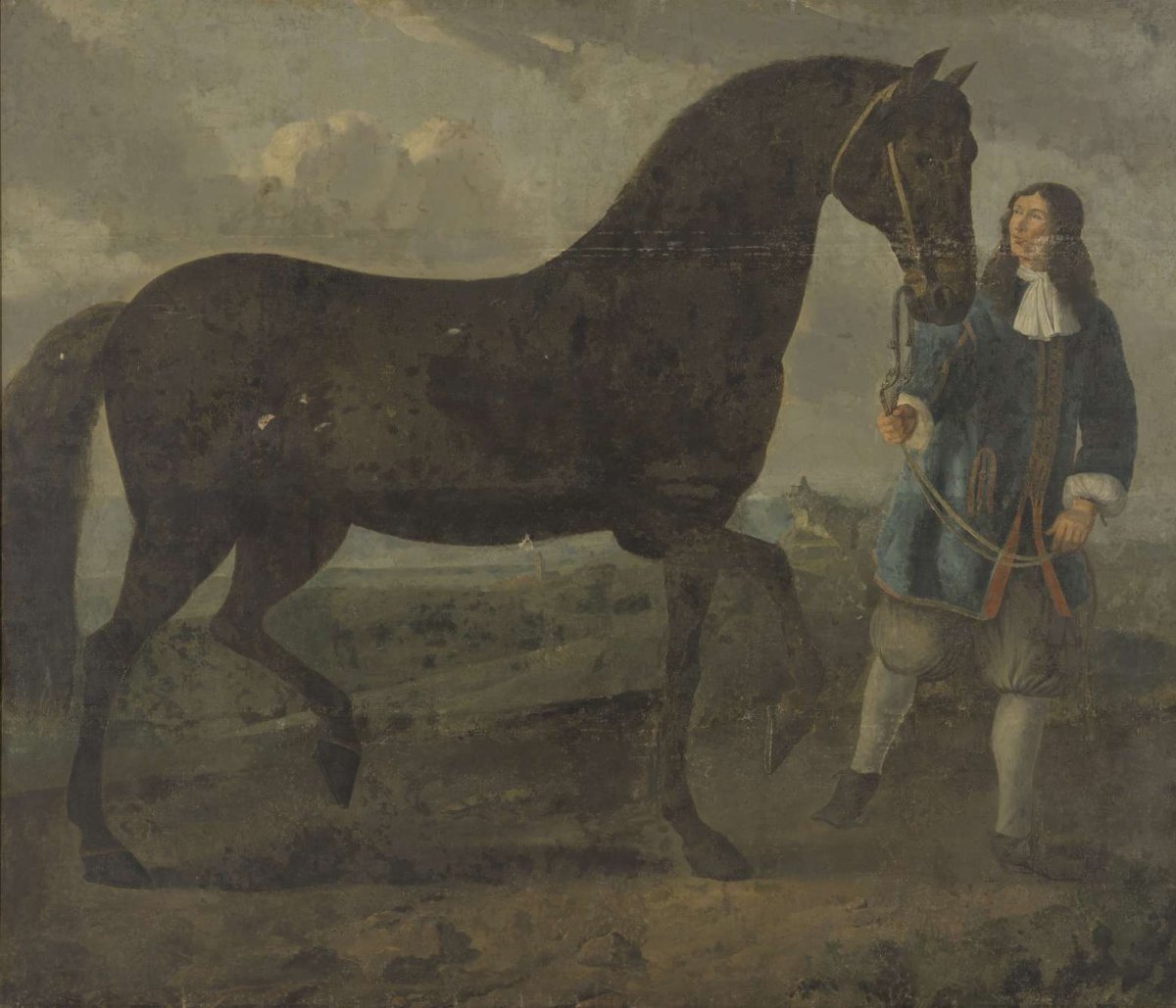Zwart paard door een stalknecht geleid, anonymous, c. 1670