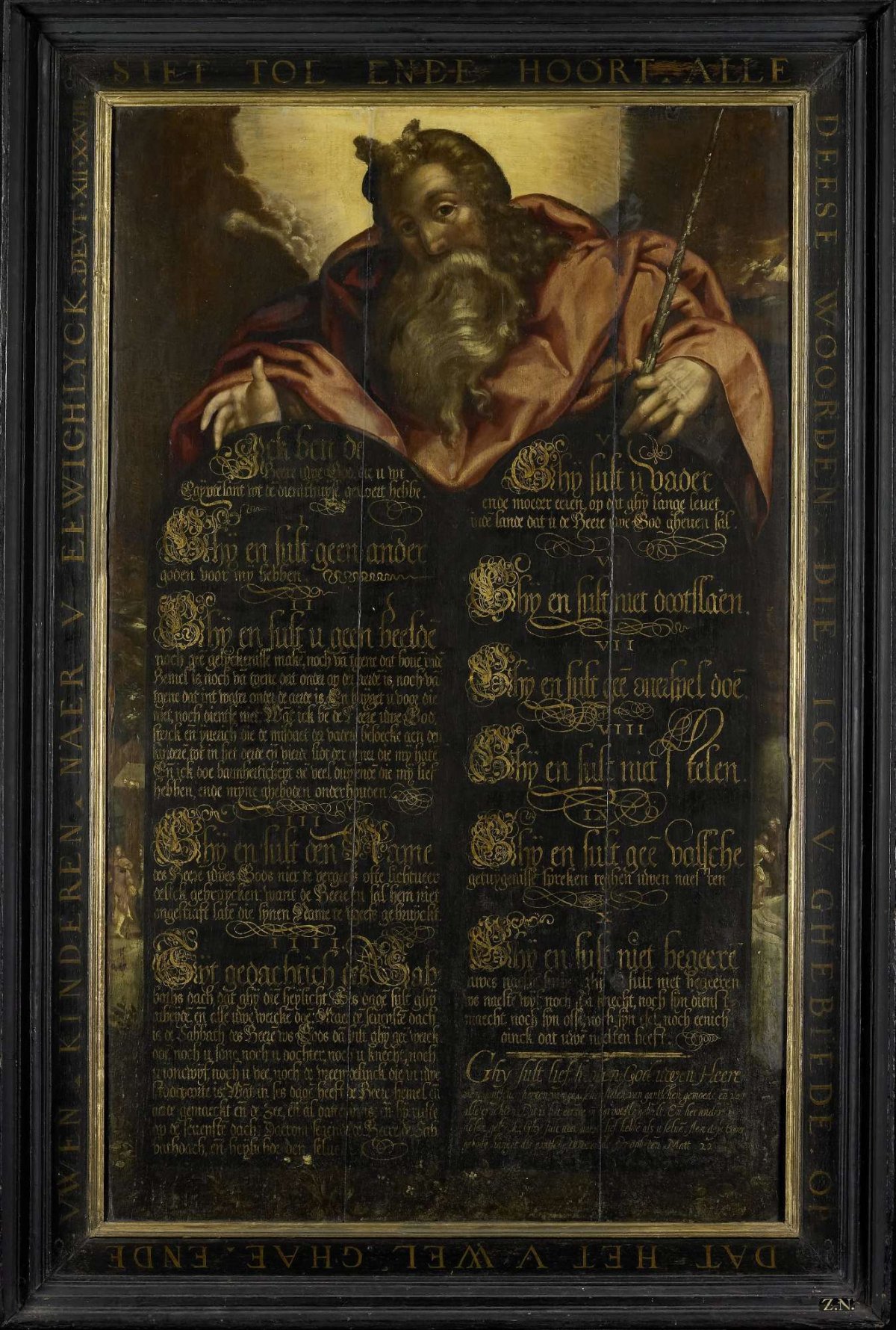 Moses showing the Tables of the Law with the Ten Commandments in Calligraphy, anonymous, c. 1600