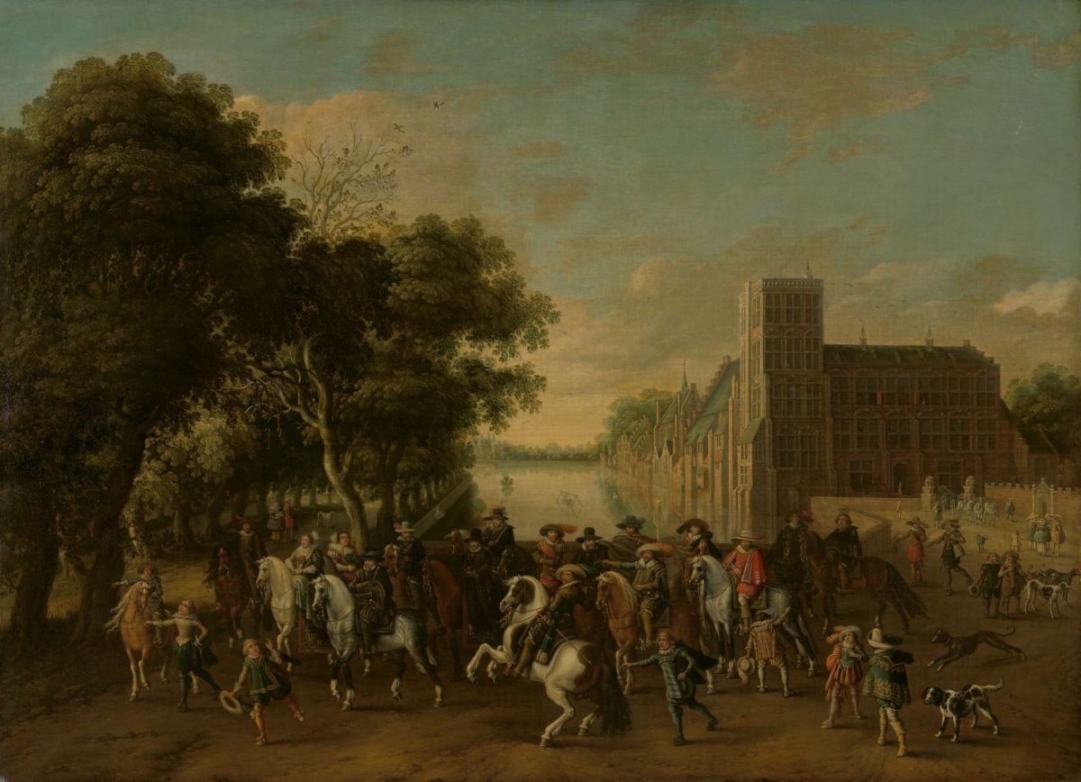 Prince Maurits, Accompanied by Prince Frederik Hendrik, Frederick V of Bohemia and his Wife Elizabeth Stuart, and Others, on the Buitenhof, The Hague, Pauwels van Hillegaert, c. 1621 - c. 1625