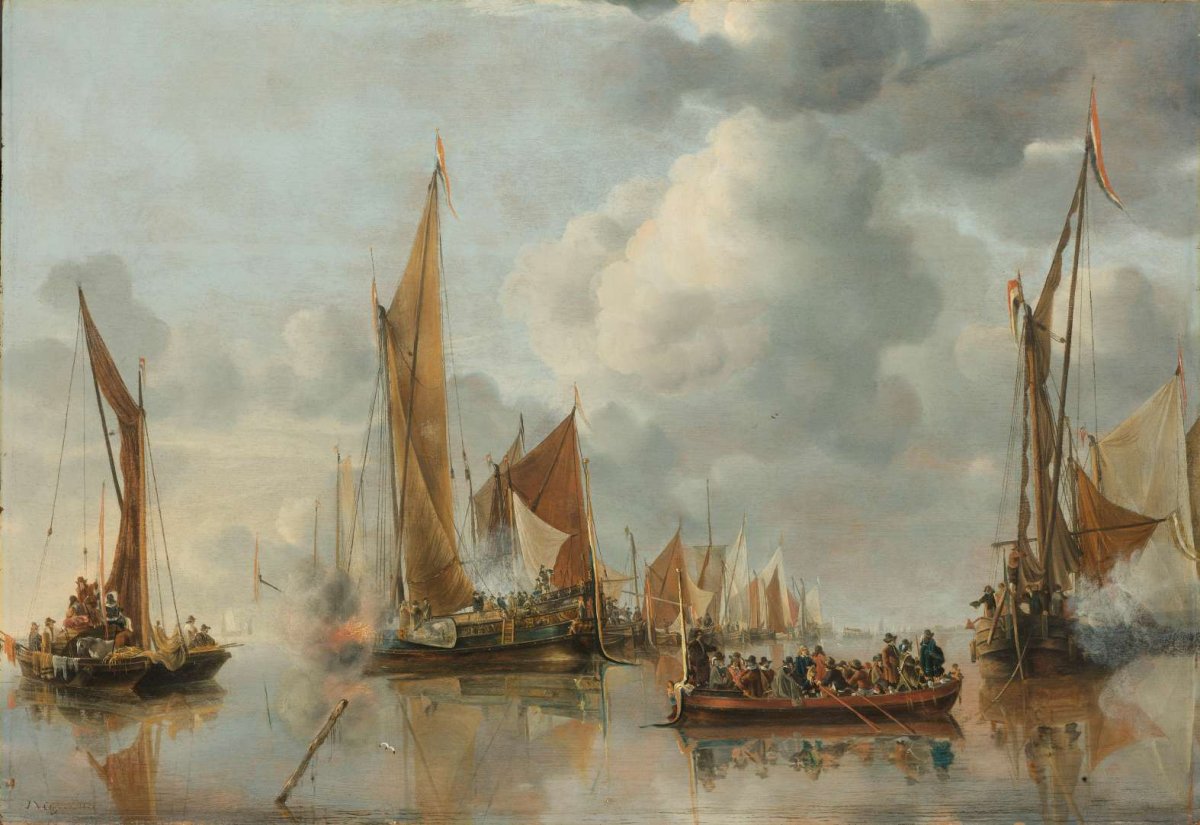 The Home Fleet Saluting the State Barge, Jan van de Cappelle, 1650