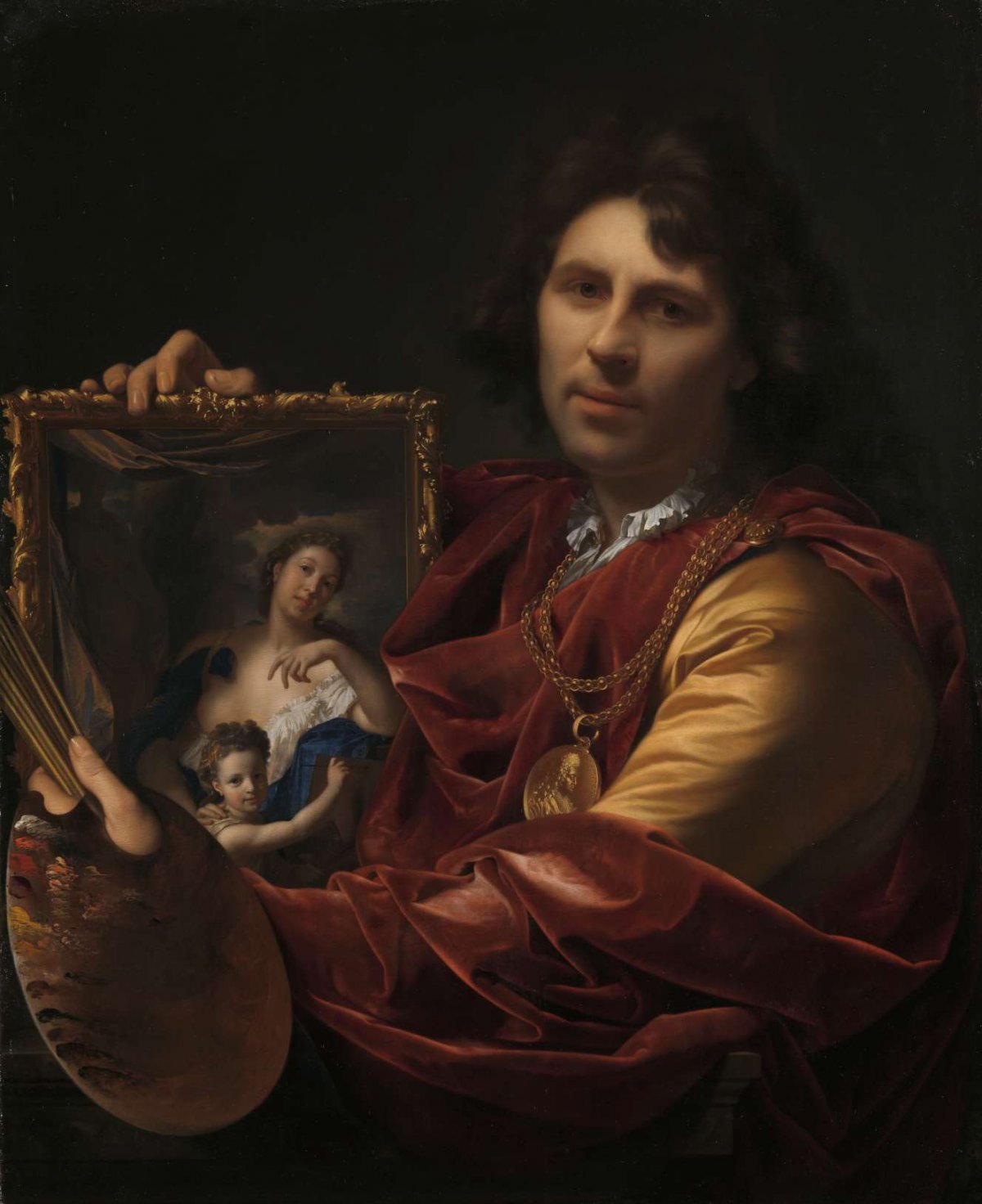 Self-portrait with the Portrait of his Wife, Margaretha van Rees, and their Daughter Maria, Adriaen van der Werff, 1699
