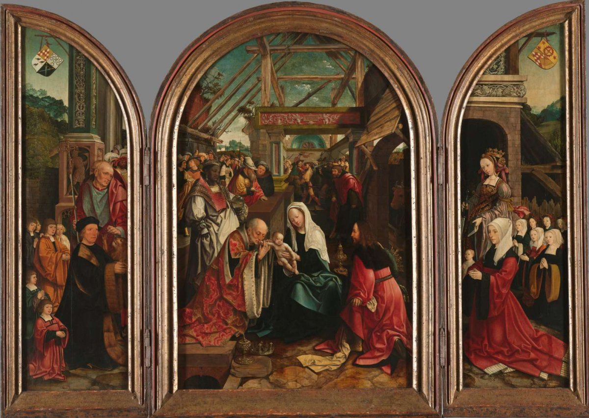 Triptych with the Adoration of the Magi (centre panel), the Donor and his Six Sons with St Jerome (inner left wing), the Donor’s Wife and her Seven Daughters with St Catherine of Alexandria (inner right wing), St Christopher (outer left wing) and St Antony Abbot (outer right wing), Jacob Cornelisz van Oostsanen, 1517
