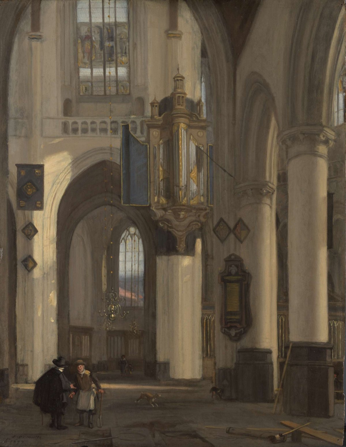 Interior of a Protestant Gothic Church with Motifs from the Oude and Nieuwe Kerk in Amsterdam, Emanuel de Witte, 1677