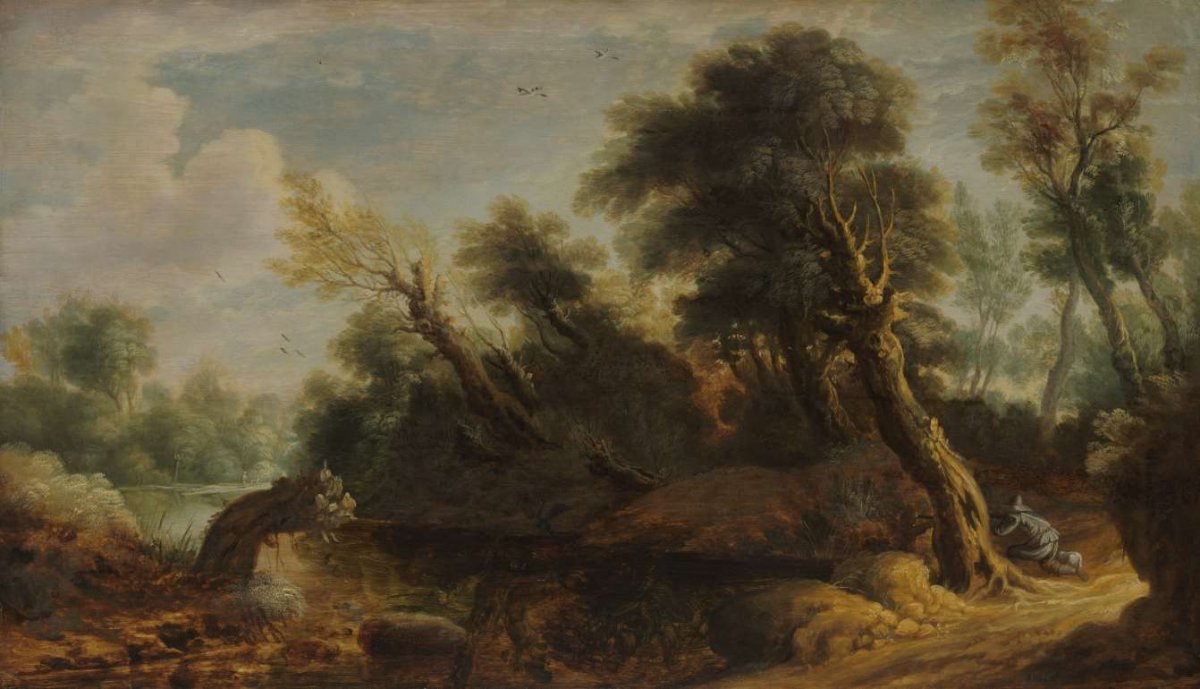 Wooded Landscape with a Wildfowler by a Stream, anonymous, 1646