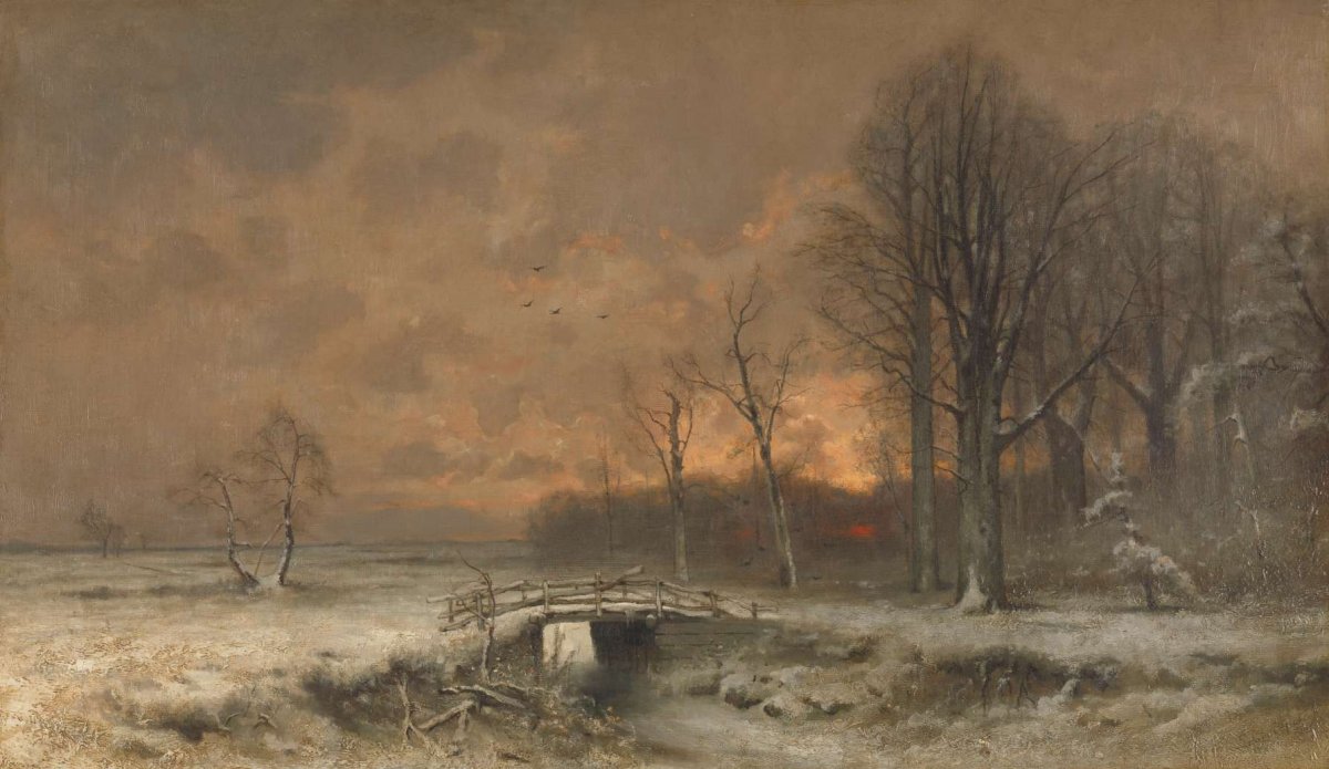 Winter Scene with the Sun Setting Behind Trees, Louis Apol, 1880 - 1930