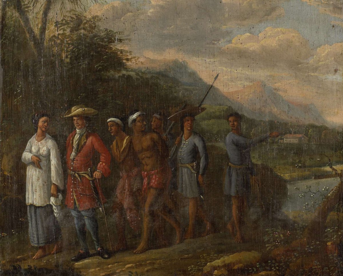 Dutch merchant with two enslaved men in hilly landscape, anonymous, 1700 - 1725