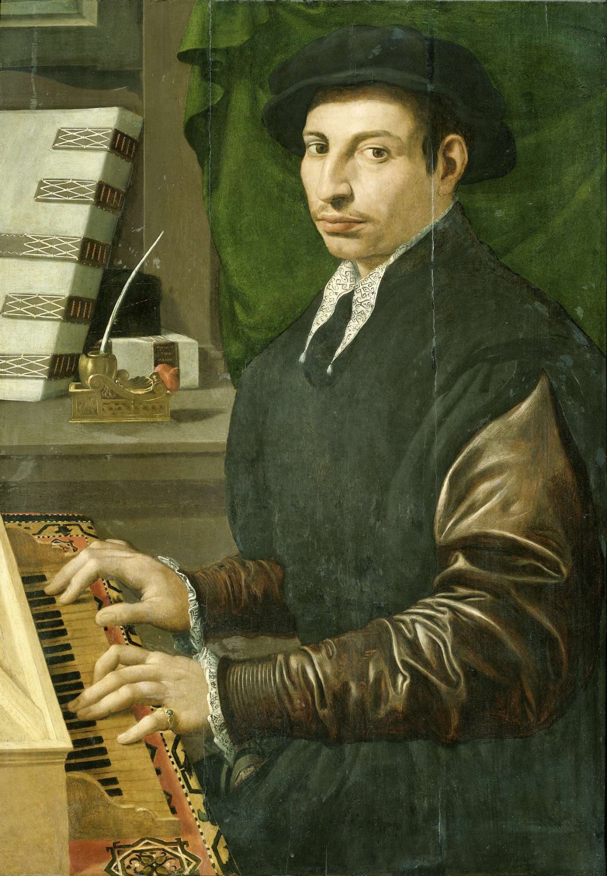 Portrait of a man playing a virginal, Francesco Traballesi, 1554 - 1570
