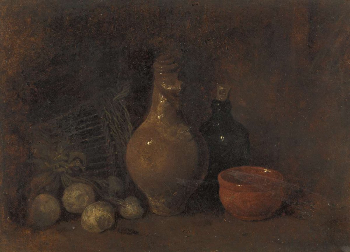 Still life with four fruits, glass and pottery, François Bonvin, 1827 - 1887