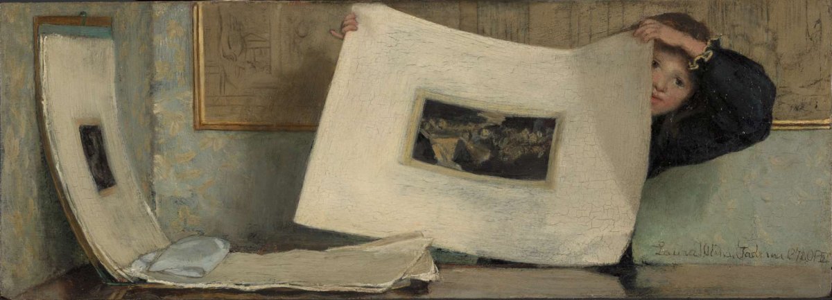 Anna Leafing Through a Portfolio of Prints, Laura Theresa Alma Tadema (Lady), 1874