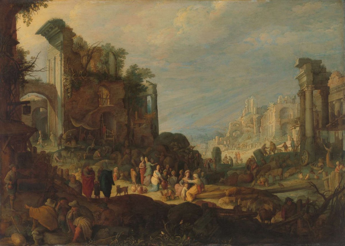 Travellers among Roman Ruins with Rebecca and Eliezer at the Well, Guilliam van Nieulandt (II), c. 1602 - c. 1605