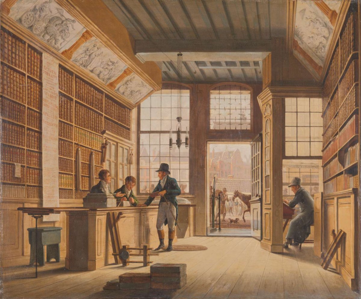 The Shop of the Bookdealer Pieter Meijer Warnars on the Vijgendam in Amsterdam, Johannes Jelgerhuis, 1820