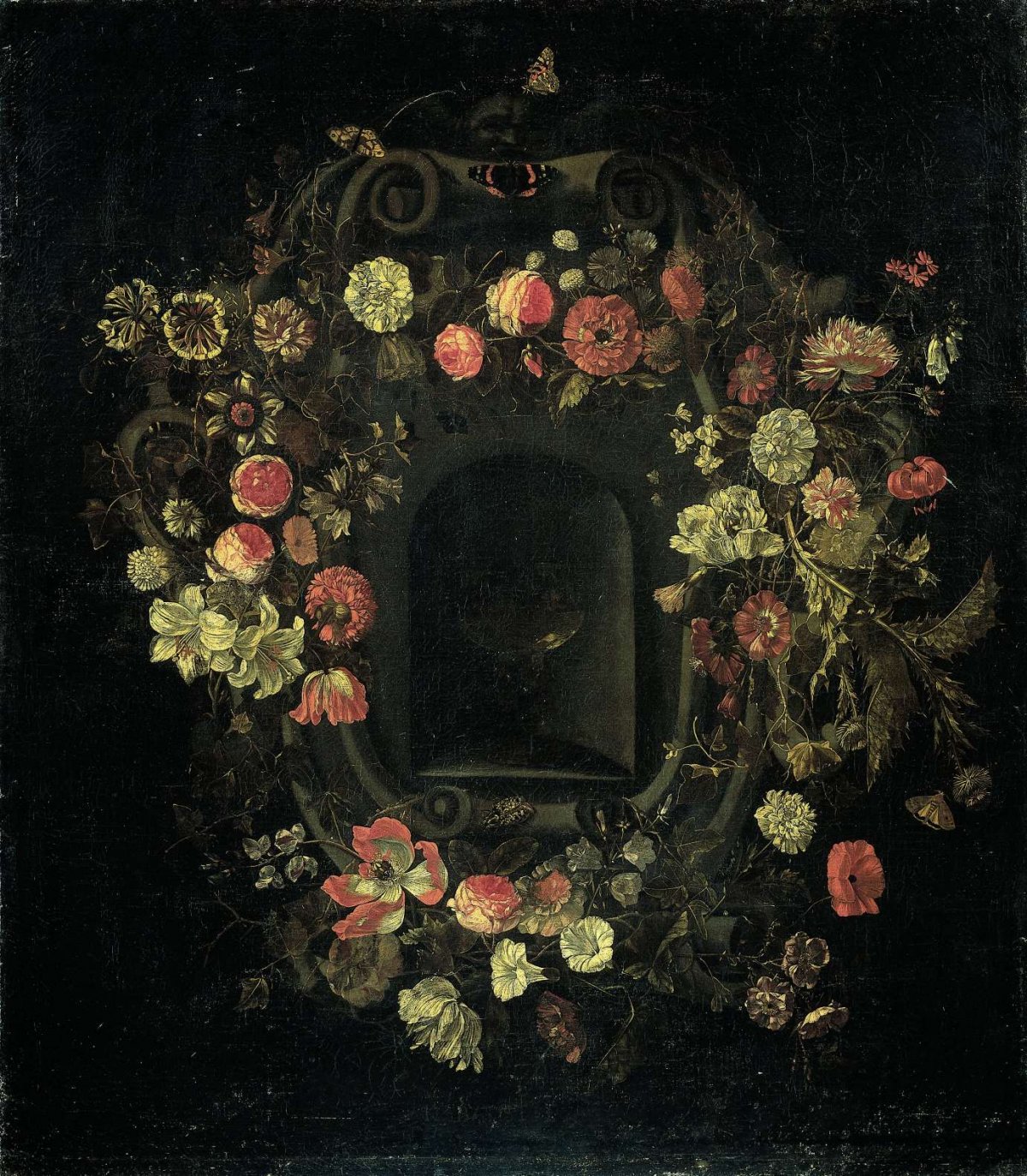 Wreath of Flowers encircling a Niche, Karel Batist, 1659 - 1663
