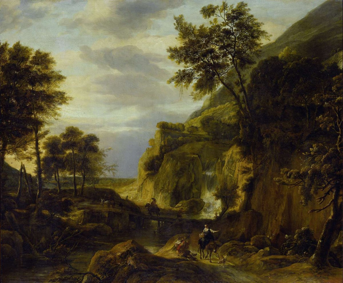 Mountainous landscape with waterfall, Roelant Roghman, 1650 - 1692