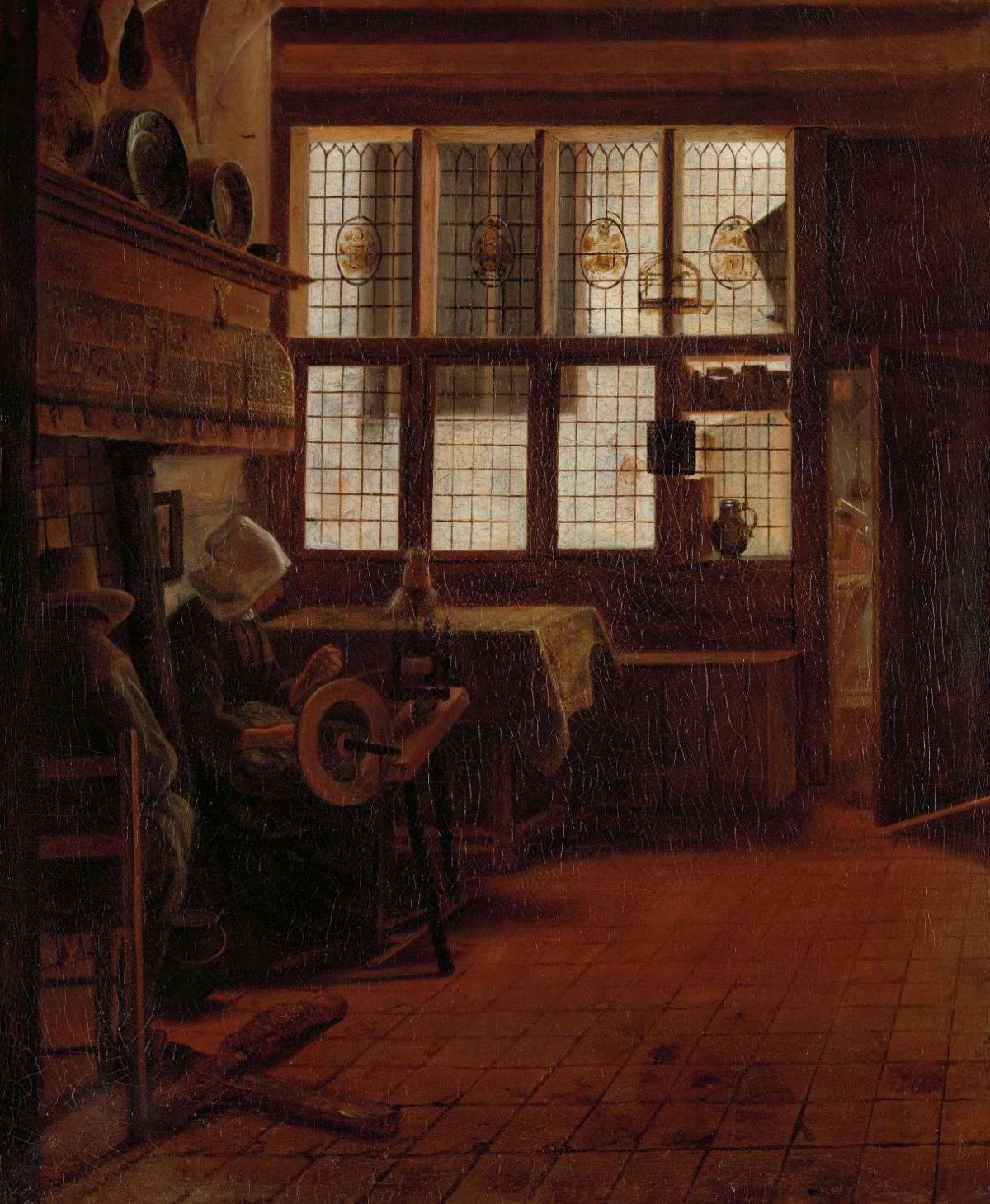 Interior with Woman at the Spinning Wheel, Esaias Boursse, 1661