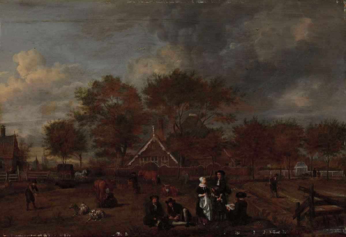 Farmstead with the Gentleman Farmer and his Wife and the Painter in the foreground, Jan Pietersz Opperdoes, 1650 - 1680