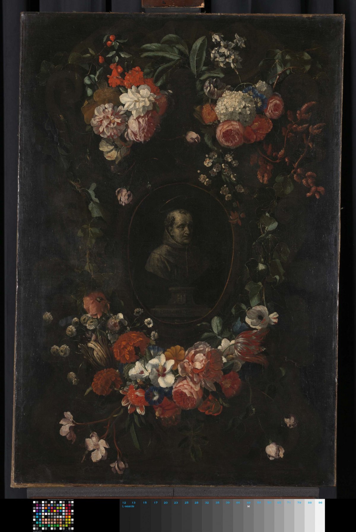 Feigned Sculpted Bust of the Blessed Hieronymus Werdanus Set in a Feigned Stone Cartouche, Decorated with a Swag and Two Bunches of Flowers, Wouter Gysaerts, 1676