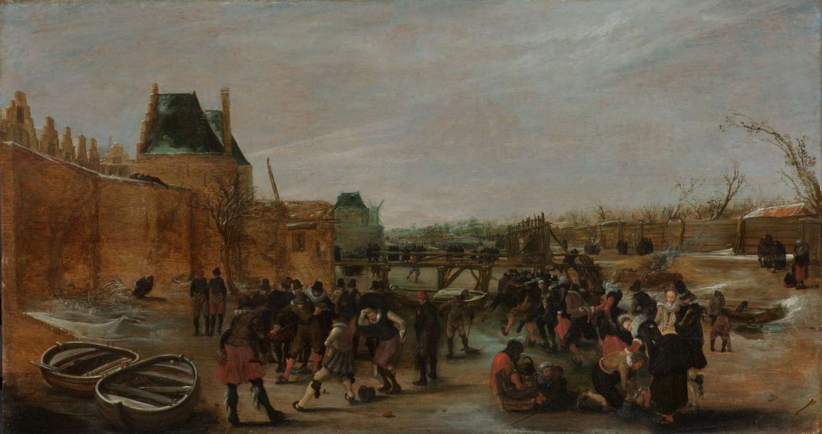 Frolicking on a Frozen Canal in a Town, Hendrick Avercamp, c. 1615 - c. 1620