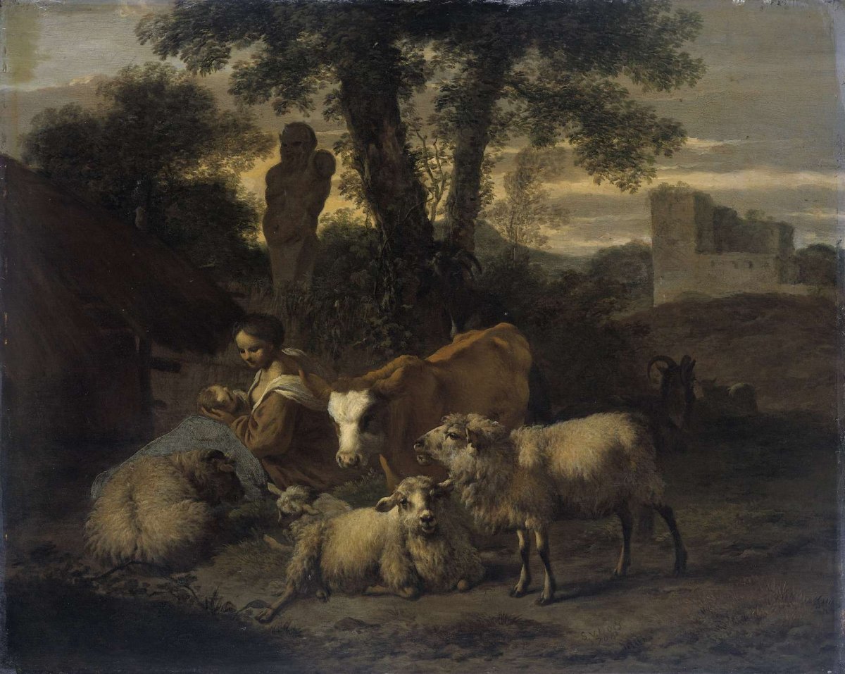 Italian Landscape with Shepherdess and Flocks, Simon van der Does, 1708