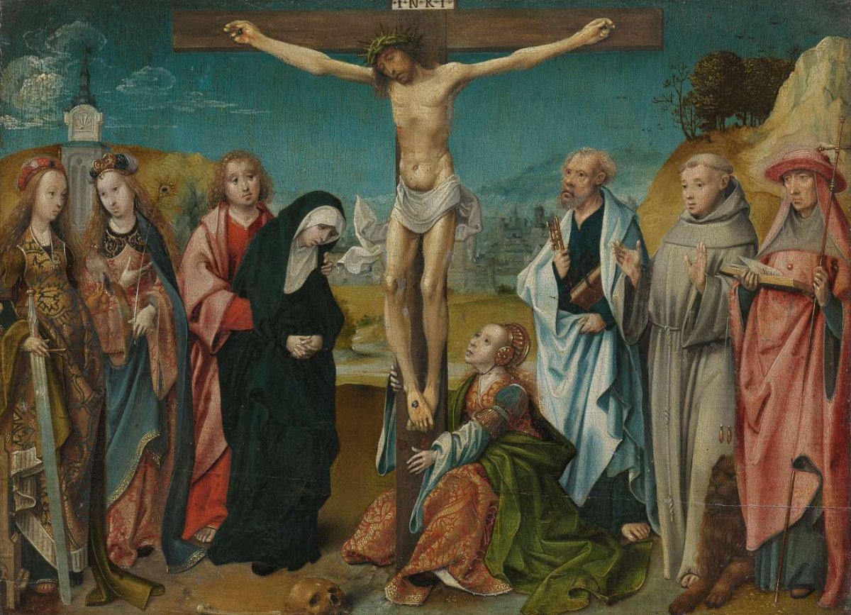 Christ on the Cross, with Mary, John, Mary Magdalene and Sts Cecilia and Barbara (left) and Peter, Francis and Jerome (right), Cornelis Engebrechtsz, c. 1505 - c. 1510