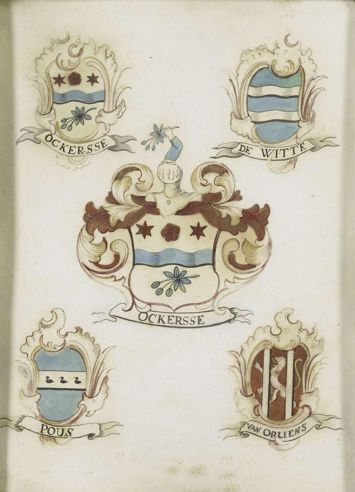 The coat of arms of a female member of the Ockersse family, married to van Gelre and mother of Anna Digna van Gelre, with the arms of her four grandparents, anonymous, 1750 - 1799