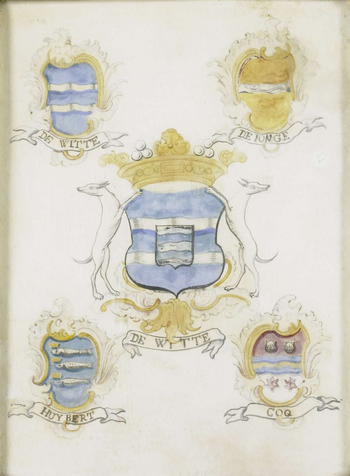 The coat of arms of Jacob de Witte, father of Laurens Jacobsz de Witte, with the arms of his four grandparents, anonymous, 1750 - 1799