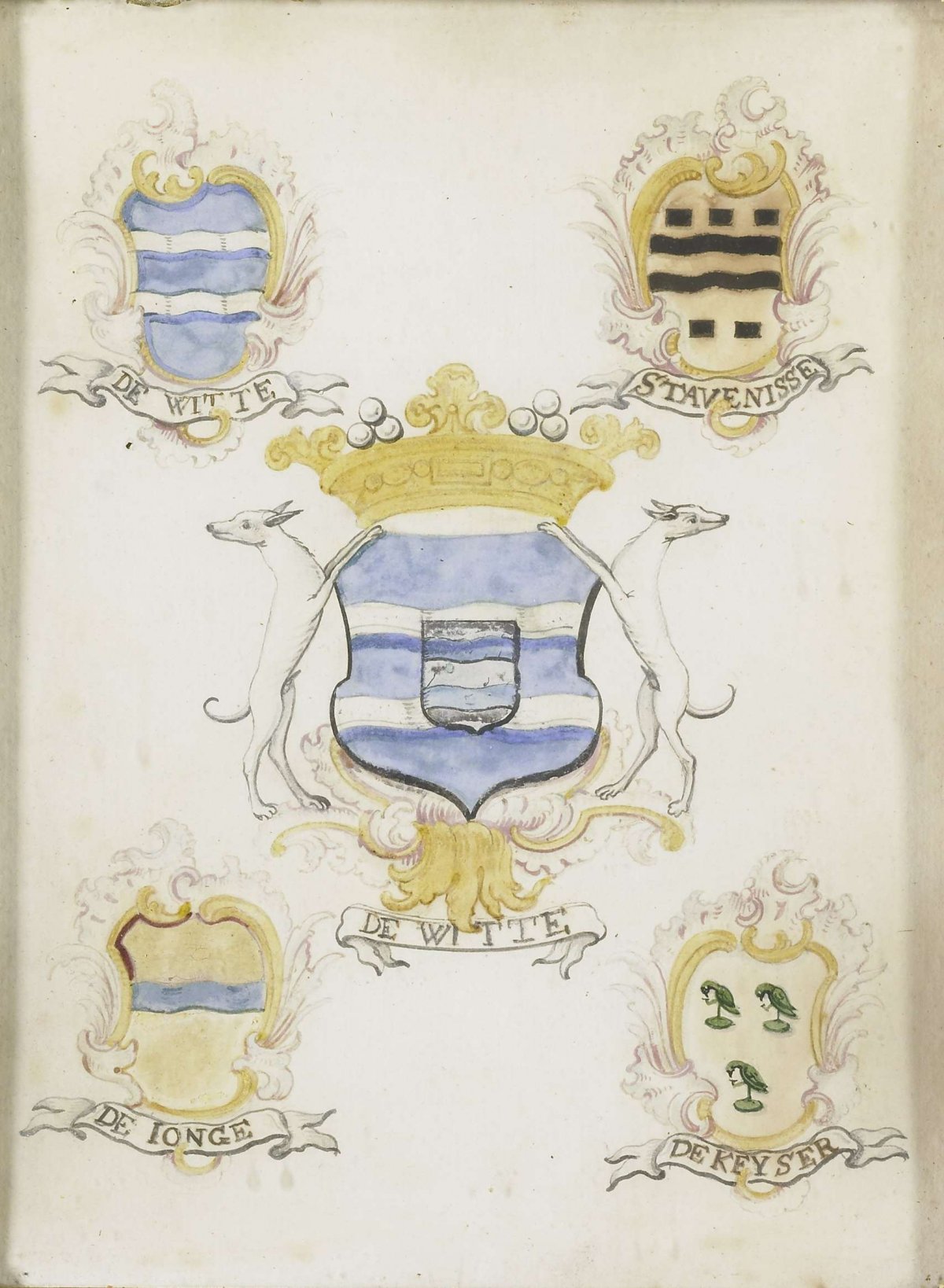 The coat of arms of Laurens Jacobsz de Witte, father of Anna Jacoba de Witte, with the arms of his four grandparents, anonymous, 1750 - 1799