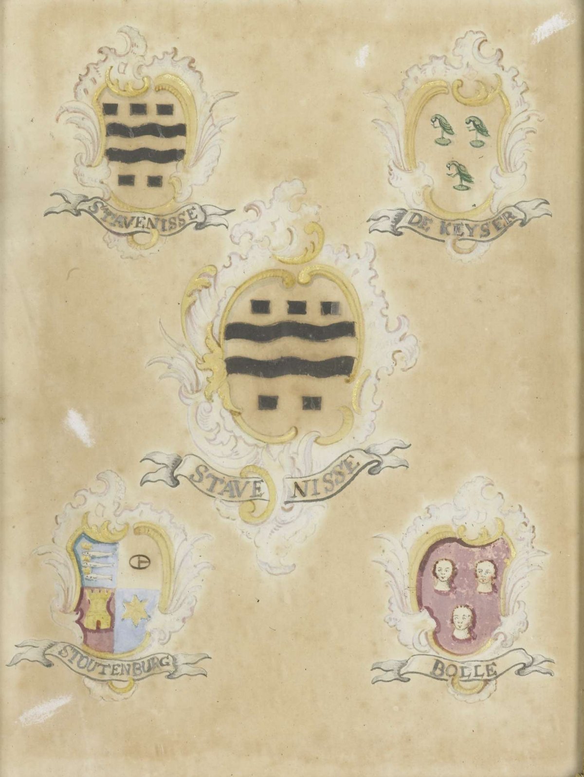 The coat of arms of Maria Magdalena Stavenisse, wife of Jacob de Witte, with the arms of her four grandparents, anonymous, c. 1750 - c. 1799