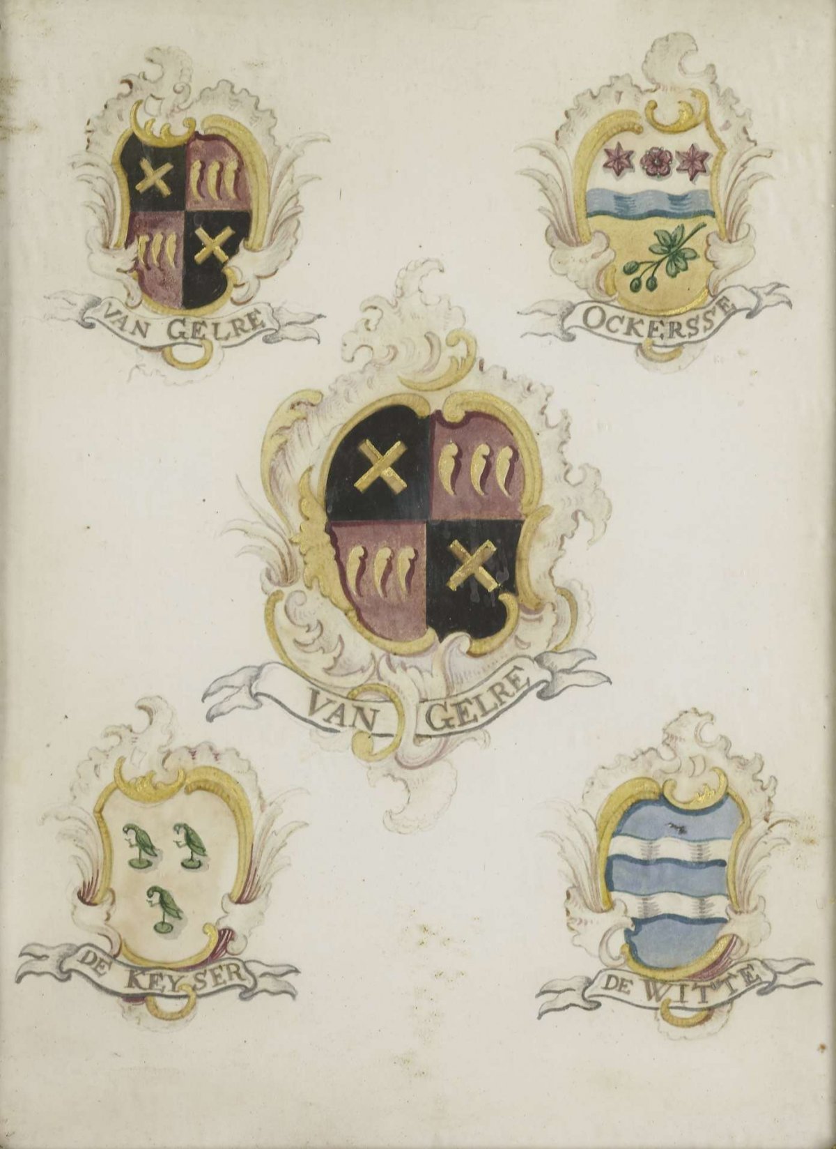 The coat of arms of Anna Digna van Gelre, wife of Laurens Jacobsz de Witte, with the arms of her four grandparents, anonymous, 1750 - 1799