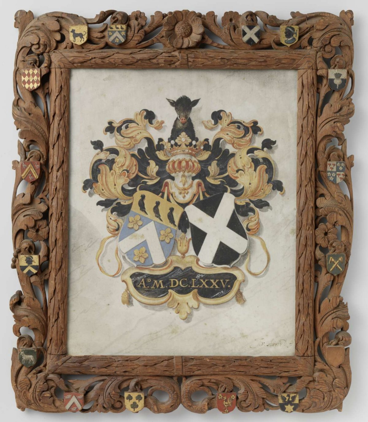 The alliance arms of Jan Boudaen Courten and Anna Maria Hoeufft, great-grandparents of Jacob Verheye van Citters, in a carved wooden frame with the arms of the couple's sixteen quarters, Justus van Attevelt, 1675