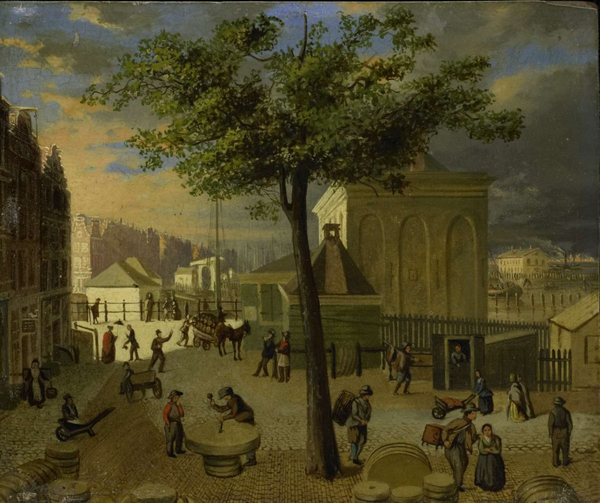 The Grinding Stone Market with the building 'Het Zeerecht' in Amsterdam, anonymous, 1825 - 1874