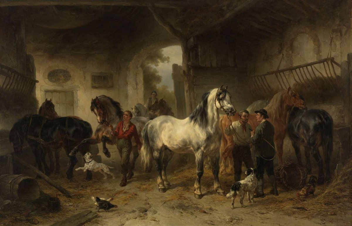 Interior of a stable with horses and figures, Wouter Verschuur (1812-1874), 1850 - 1874