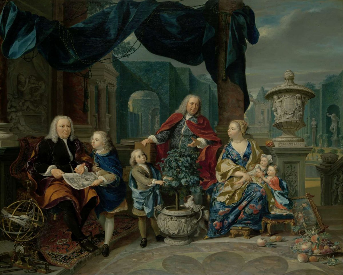 Portrait of David van Mollen and Son-in-Law Jacob Sydervelt with his Family, Nicolaas Verkolje, 1740